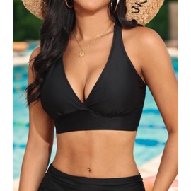Women's Sporty Adjustable Wide Straps Bikini Top Large Bust Criss Cross Back Supportive Swimsuit Tops Only Black