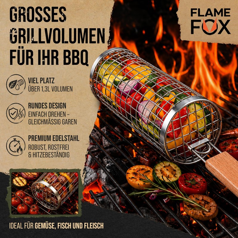 FLAME FOX Rolling Grill Basket Stainless Steel 1 Piece -
