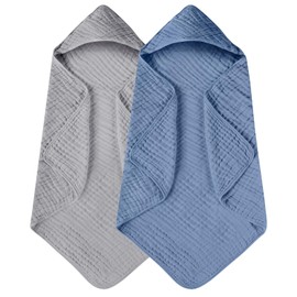 Yoofoss Hooded Baby Towels for Newborn 2 Pack 100% Muslin Cotton Baby Bath Towel with Hood for Babies Infant Toddler and Kids, Large 32x32Inch, Soft and Absorbent Newborn Essential(Grey and Dark Blue)