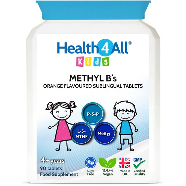 Kids Methyl B's 90 Tablets. Sublingual Vegan pre-methylated B12 Methylcobalamin, 5-Methylfolate and P-5-P for Children for Stress & Mood Support