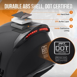 OUMURS DOT Motorcycle Full Face Helmet, Modular Flip-Up Dual Visor with Rear LED Lights, Lightweight & DOT Approved, Matte Black - XXL