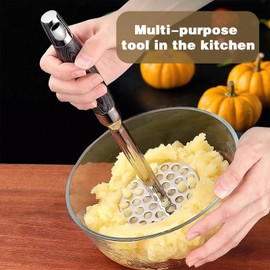 Potato Masher 316 Stainless Steel Masher Potato with Wooden Handle, 0.8 cm Holes for Potatoes Meat Beans Vegetables Potato Masher Stainless Steel Easy to Clean