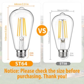 12Packs ST64 Large Vintage LED Edison Bulbs, 60W Equivalent 7W, 800Lumens, Dimmable Antique LED Filament, 2700K Warm White, E26 Medium Base Light Bulbs High Brightness Clear Glass for Bedroom Office