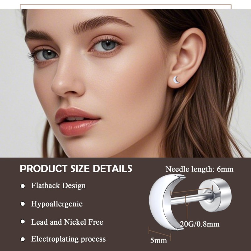 BLISI Titanium Moon Earrings Silver 20G Hypoallergenic Silver Moon Studs