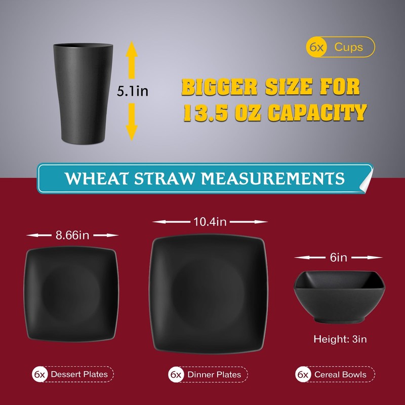 Teivio 24-piece Plastic Wheat Straw Square Dinnerware Set for 6,