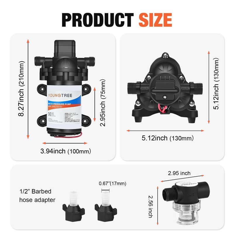 YOUNGTREE 12V DC RV Water Diaphragm Pump 3.5 GPM 45PSI,