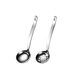 Collfa Soup Ladle Metal SUS304 Stainless Steel Ladles Spoon And Slotted Colander Spoon Set Small Soup Ladle With Holes Strainer Scoop Ladles For Serving Gravy Hot Pot Or Restaurant,2 Piece Set