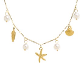 Jean Beau Dainty Gold Shell Pearl Pendant Necklaces for Women, Charm Cute Seashell Dangle Paperclip Chain Choker Necklace Summer Beach Prom Jewelry Gift