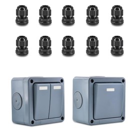 NineLeaf IP66 Waterproof 2 Way Single Light Switch for Outdoor Garden, Weatherproof (1Gang&2Gang 10A Grey), 10PK M20x1.5 Black Compression Cable Glands