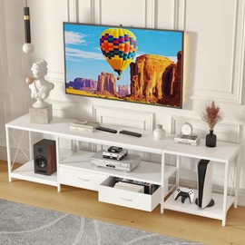 GYIIYUO TV Stand with Fabric Drawer for 65 70 75 Inches TV - Entertainment Center and Industrial TV Console Table with Open Storage Shelves for Living Room, Bedroom - 63" White