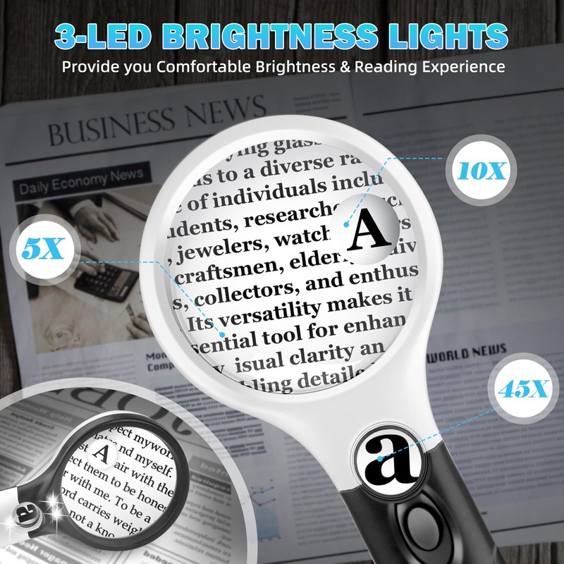 Compact Magnifying Glass with Lights,45X 10X 5X Small Handheld Lighted