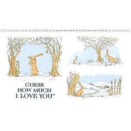 24" X 44" Panel Guess How Much I Love You Children's Book Scenes Nutbrown Hares Bunnies Rabbits Winter Kids Animals White Metallic Cotton Fabric Panel (D374.51)