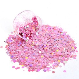 Holographic Chunky Sequins 12 Colors Mixed Laser Cosmetic Glitter for Face, Body, Eye, Hair, Nail Art, Lip Gloss - Festival Glitter Makeup with Different Hexagon Sizes (Metallic Mix)