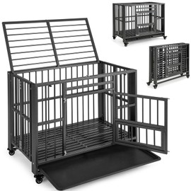 Giantex Foldable Metal Dog Crate - Heavy Duty Dog Cage with Top and Front Doors, Feeding Access, Removable Tray, Lockable Wheels, Chew Proof Dog Kennel Indoor Outdoor, 37''L x 23''W x 30''H, Black
