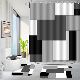ALIEYE Modern Geometric 4 - Piece Bathroom Set - Shower Curtain, Non - Slip Rugs, Toilet Lid Cover, Black/White/Gray Block Pattern, Machine Washable (with 12 Hooks)
