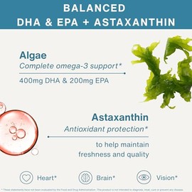 Pure & Essential Vegan Omega 3 Algae Oil Dha Epa 600mg & astaxanthin, 60 Capsules