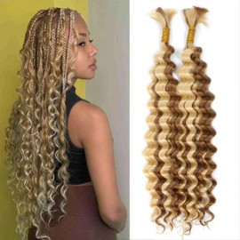 DSEKCAIN P27/613 Human Braiding Hair Highlight Blonde Boho Hair For Braiding Deep Wave Bulk Bundles 22 Inch Deep Curly Crochet Knotless Braids 100% Real Human Hair 100gram (2 of 50g)