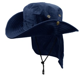 Men Women UPF 50+ Sun Protection Boonie Bucket Hat – Wide Brim Fishing Hat with Neck Flap (US, Alpha, One Size, Navy Blue)