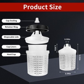 Disposable Paint Cups for Automotive Paint Guns, 20 Ounce (600ml) Kit with 20 Cups, 20 Lids, 1 Hard Cup with Retainer Ring, 20 Plugs, PTFE Tape & Stirrer for HVLP Paint Sprayers