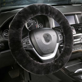MLOVESIE Australian Genuine Sheepskin Car Steering Wheel Cover Fluffy Natural Wool Steering Wheel Protector Warm Winter Anti-Slip Universal Fit 13.5-16.5 inch