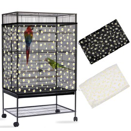 Daoeny 2PCS Bird Cage Seed Catcher, Large Bird Cage Cover, Adjustable Soft Airy Nylon Mesh, Birdcage Cover Skirt Seed Guard for Parrot Parakeet Macaw Round Square Cages (Black & White Daisy)