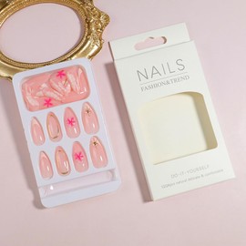Nude Pink Press on Nails Medium Almond Fake Nails 3D Flowers Acrylic Nails Spring Artificial Nails Press ons Gold Irregularity False Nails with Rhinestone Designs Glue on Nails for Women Girls 24Pcs