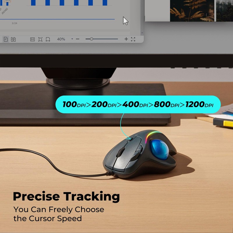 PORLEI Wired Trackball Mouse with RGB Lighting, Ergonomic Thumb Control