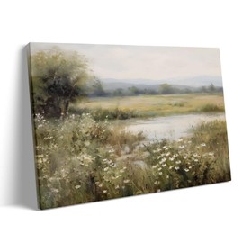 B.B.F MAKE Framed Canvas Wall Art Rustic Daisy Flower and Stream Oil Painting Vintage Cottagecore Field Landscape Print Farmhouse Country Home Wall Decor for Living Room Bedroom Bathroom, 20x24inch