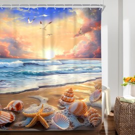 Riyidecor Beach Coastal Ocean Sunset Shower Curtain Oil Painting Sea Wave Summer Hawaiian Sunrise Seaside 60Wx72H Inch Starfish Shell Blue Fabric Decor Bathroom Polyester Waterproof 12 Pack Hooks