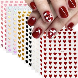 12 Sheets Valentines Day Self-Adhesive Stickers - 3D Heart Decals for Nail Art - Black, White, Aurora Gold, Pink, Red Supplies for Women Decorations