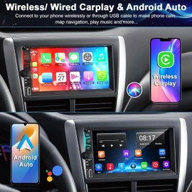 Wireless 7 Inch Double DIN Car Radio with Carplay Android Car Touch Screen, Car Audio Receiver Headunit, Bluetooth 5.3, Rear View Camera, FM/AM/RDS SWC, Mirrorlink, Charging Function