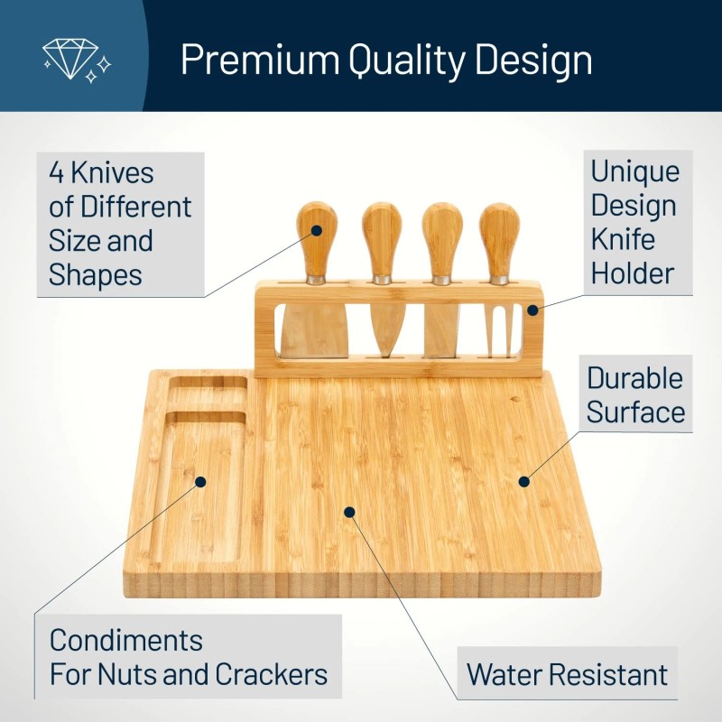 Royalhouse Bamboo Cheese Board And Knife Set 11X14 Charcuterie Tray