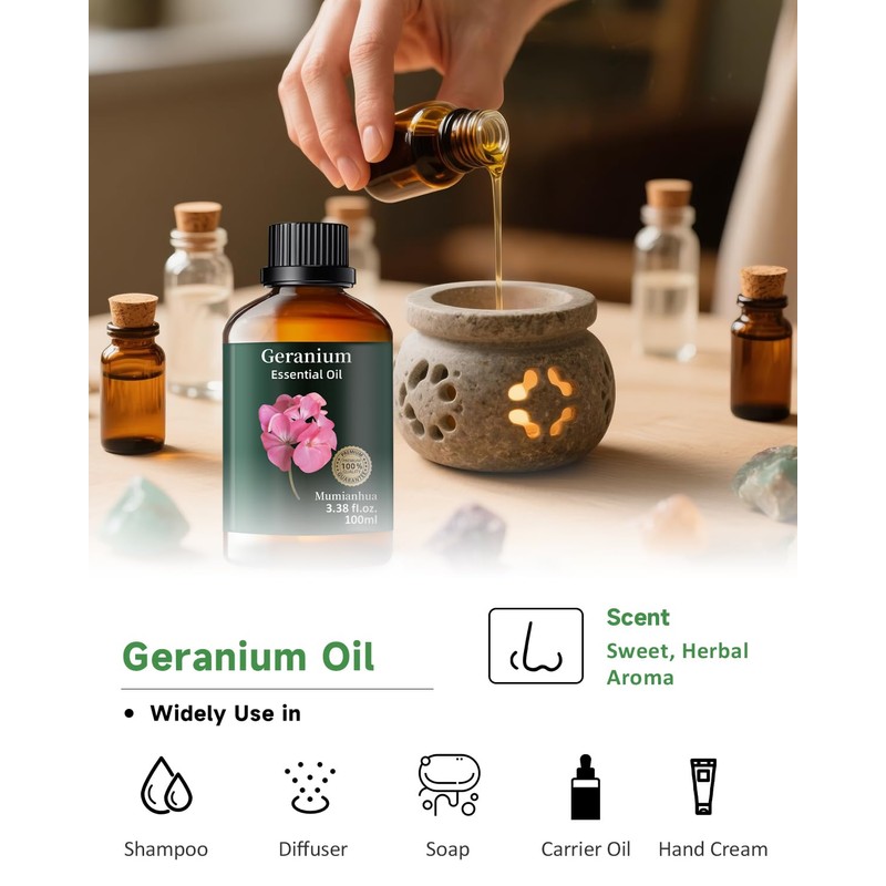 Geranium Essential Oil, Mumianhua Pure Rose Geranium Oil for Balanced