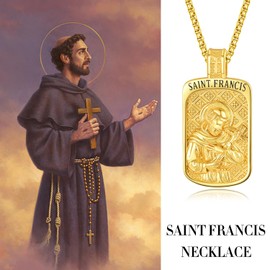 KINGWHYTE Saint Francis Necklace 925 Sterling Sliver Catholic Jewelry Amulet Jewelry Religious Gifts Jesus Pendant for Men with Stainless Steel Pearl Chain 22+2inch((Plated Gold)