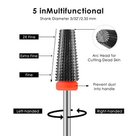 Nail Ceramic 5 in 1 Bit - Two Way Rotate use for Both Left and Right Handed - Fast Remove Acrylic or Hard Gel - 3/32" Shank - Manicure, Nail Art, Drill Machine (Fine, Black)