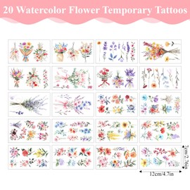 20 Sheets Flower Temporary Tattoos for Women, 3D Watercolor Temporary Tattoo Paper, Temporarys Tattoos Adult, Realistic Long Lasting Fake Tattoo Stickers