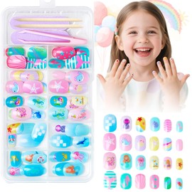 Press on Nails for Kids Short Square Fake Nails with Designs Ocean False Nail for Children Glossy Full Cover Artificial Acrylic Star Fish Glue on Nails for Kid Girls Manicure 120 Pcs
