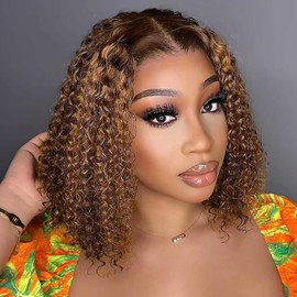 wigklee Curly Bob Wig Human Hair 200 Density Highlight 13x4 Short Bob Wig Human Hair 4/27# Pre Plucked HD Lace Frontal Wet and Wavy Honey Blonde Deep Wave Colored Wigs Glueless 14inch