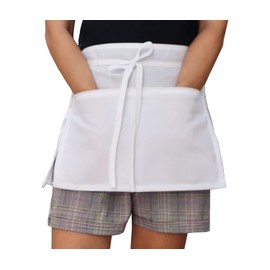 TG888Warehouse White Waist Server Half Apron with 3 Zipper Pockets for Waitress Restaurant Bakery Holding Card Smartphone Money Notebook