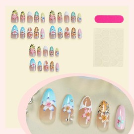 30Pcs Colorful Flower Press on Nails Medium Almond Fake Nails with 3D Summer Floral Pearl Diamond Design Glue on Nails French Tip False Nails Gold Beads Acrylic Nails Stick on Nails for Women