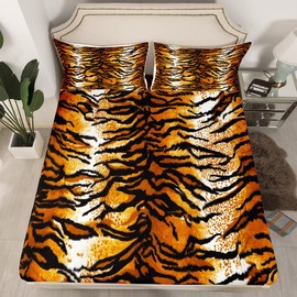 Erosebridal Tiger Fur Sheet Sets King Brown Black Tiger Print Bed Sheet for Kids Boys Girls Gorgeous Animal Skin Bedding Set Safari Animal Theme Fitted Sheet + Flat Sheet + 2 Pillowcases Ultra Soft