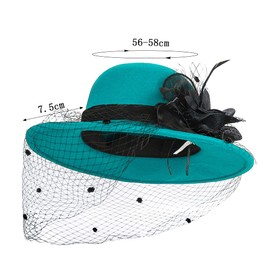 haozaikeji Retro Fedora Bucket Hat with Removable Mesh Flowers Feathers Elegant Ladies Bowler Hat Winter Warm Wide Brim Church Derby Hat for Wedding Race Banquet Lake Blue