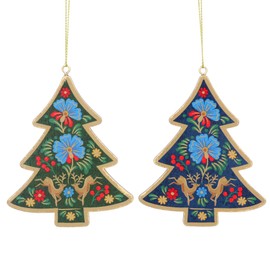 Gisela Graham Folk Art Wood Christmas Tree Decoration, set of 2