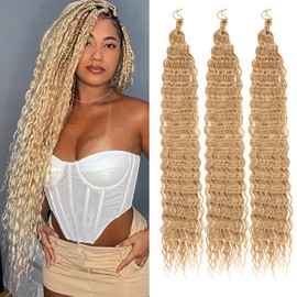 Samtress Ocean Wave Crochet Hair 30 Inch Deep Wave Long Crochet Hair 3 Packs Honey Blonde Curly Braiding Hair Synthetic Bohemian Twist Crochet Braid Hair Extensions (#27)