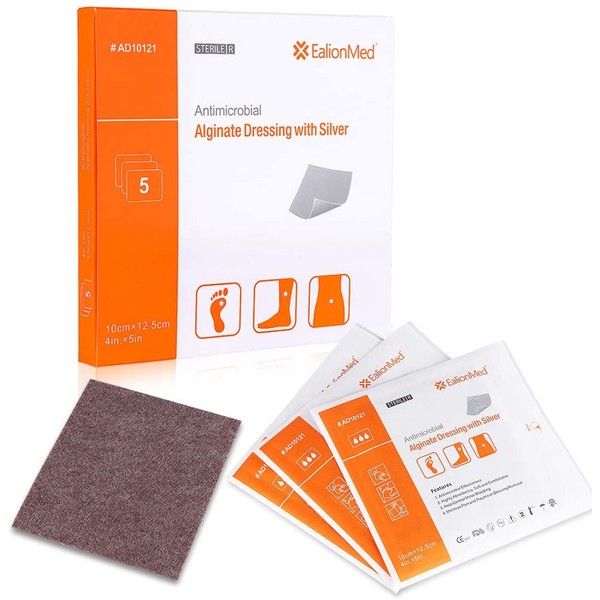 Silver Calcium Alginate Wound Dressing Pad, 4’’x5’’ Patch, High Absorbency Non-Stick Ag Gauze for Pressure Ulcer,Bed Sore,Leg Sore,Diabetic Foot Ulcer, 5 Packs