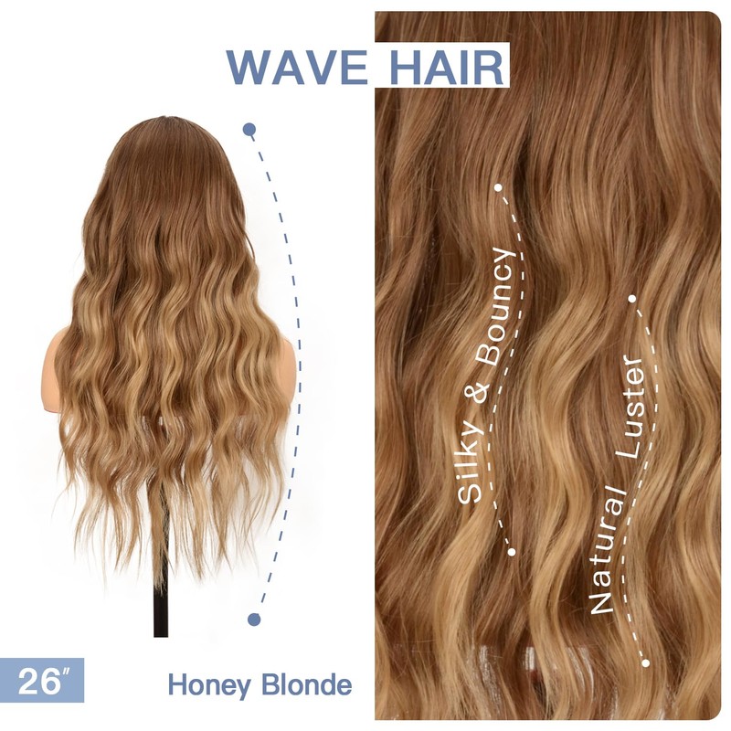 Long Dark Blonde Wavy Wig with Curtain Bangs for Women