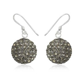 14MM Disco Ball Sterling Silver Dangly Drop Hook Earrings - GREY BLACK DIAMOND