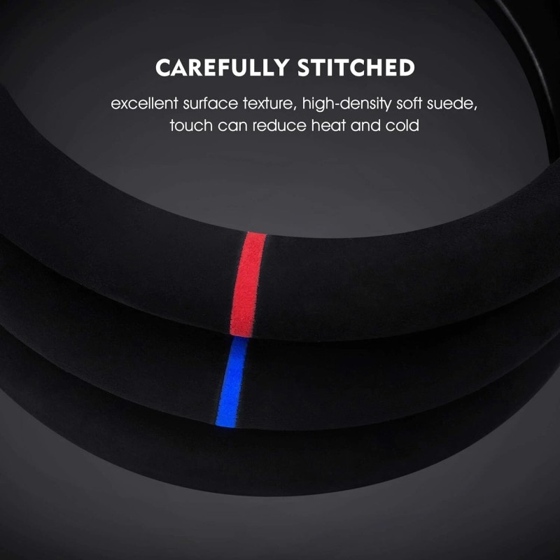 Carodi High Quality Suede Steering Wheel Cover Black Red Luxury