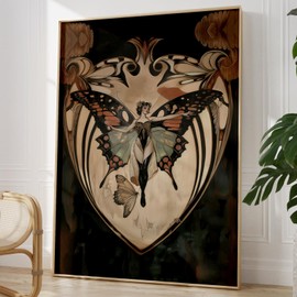 Victorian Green Wall Art Dark Academia Moody Fairy Canvas Vintage Butterfly Print Gothic Fairy Girl Wall Art Butterfly Woman Painting Retro Green Aesthetic Pictures for Living Room 16x24inch No Frame