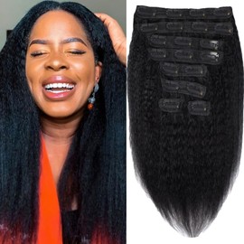 Kinky Straight Clip in Hair Extensions Human Hair for Black Women 8A Brazilian Yaki Real Hair Extensions Clip in Human Hair Full Head Natural Color 8pcs 20 Clips 100g/Set (16 inch)